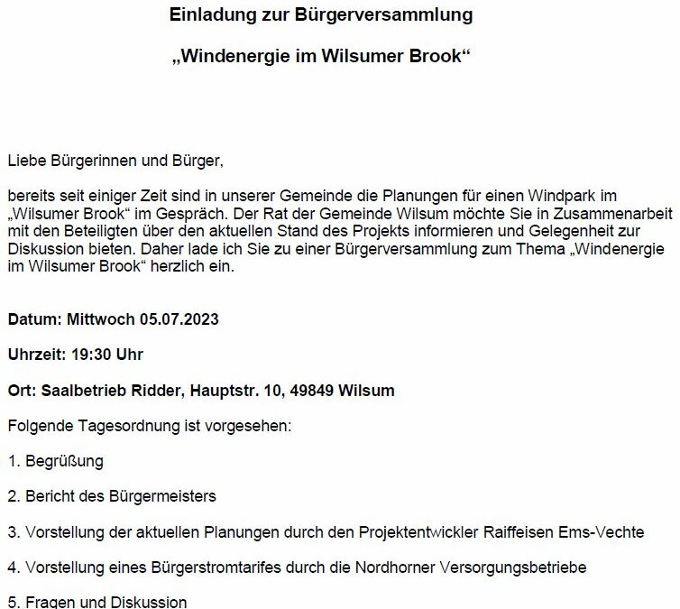 Einladung zur Bürgerversammlung in Wilsum