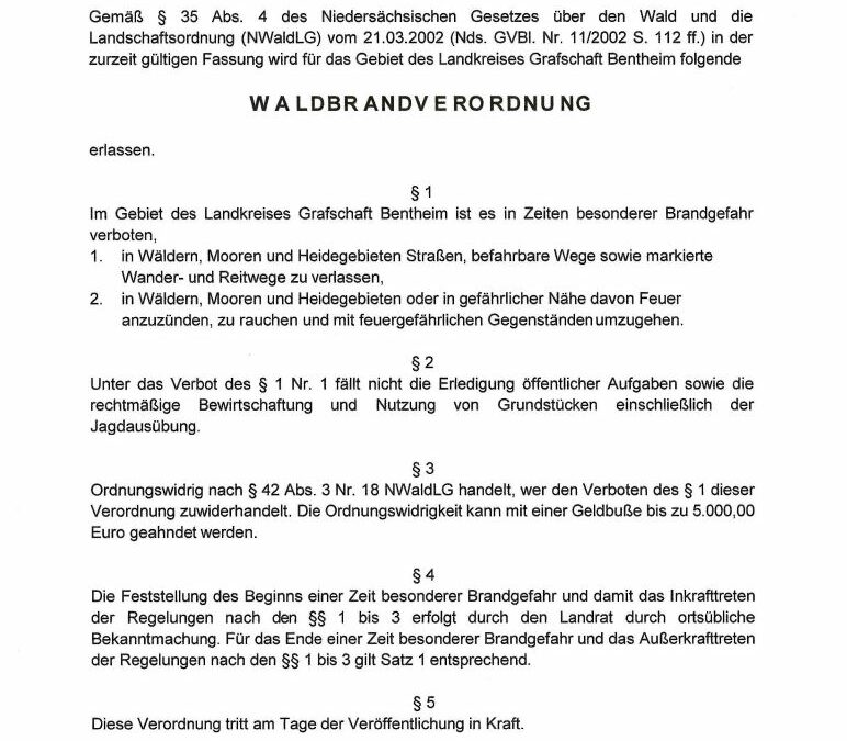 Neue Waldbrandverordnung des Landkreis Grafschaft Bentheim